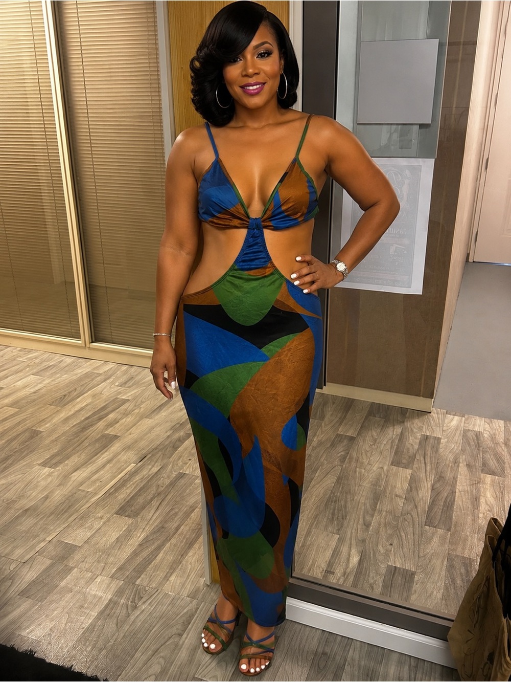 Cut-Out Maxi Dress with Abstract Color Block Print
